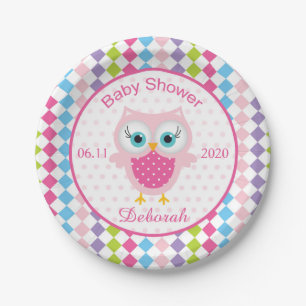 Colourful owl, diamond pattern baby shower Plate