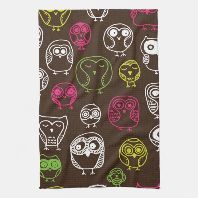 Colourful owl doodle background pattern tea towel (Vertical)