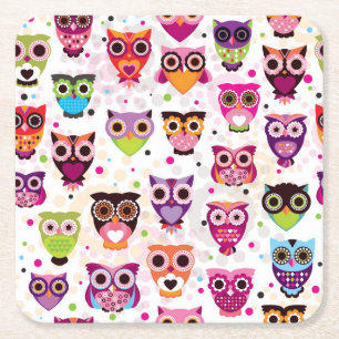 Colourful Owl Pattern For Kids 2 Square Paper Coaster