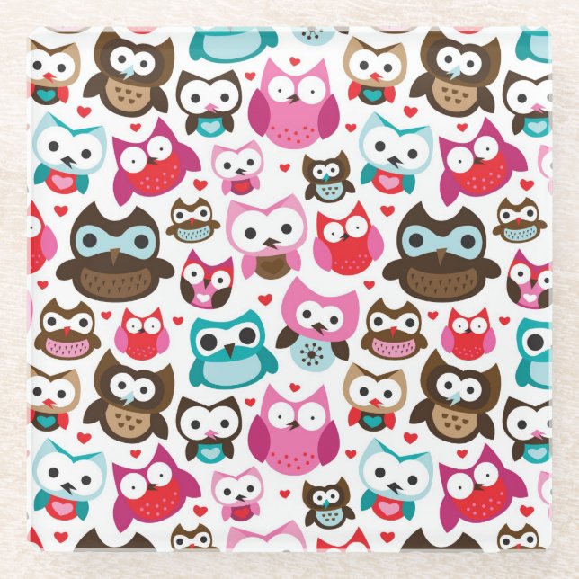 colourful owl pattern glass coaster (Front)