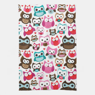 colourful owl pattern tea towel