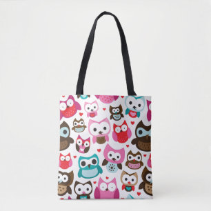 colourful owl pattern tote bag