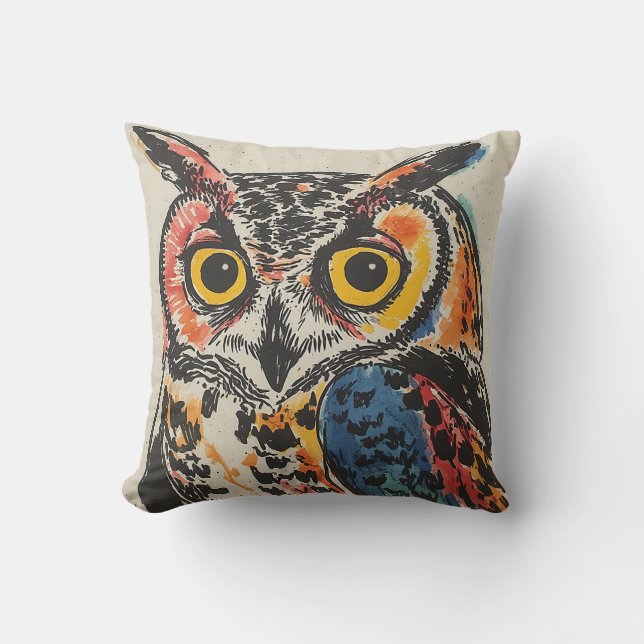 Colourful Owl Watercolor Cushion (Front)