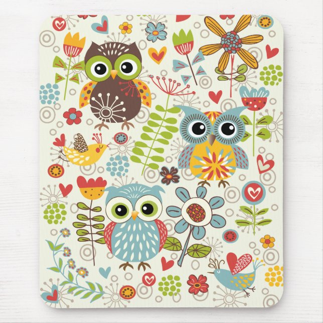 Colourful Owls and Flowers Happy Mousepad (Front)