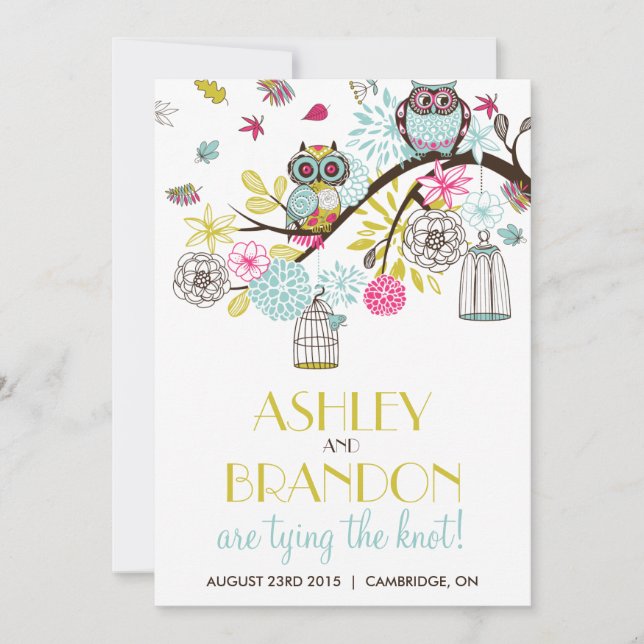 Colourful Owls & Falling Leaves Wedding Invitation (Front)