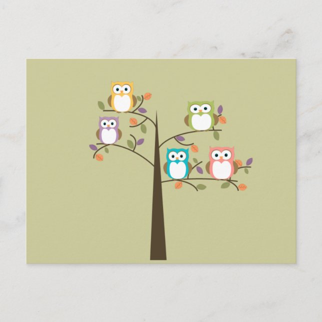 Colourful Owls in Pretty Tree Calender Postcard (Front)