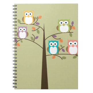 Colourful Owls in Pretty Tree Spiral Notebook