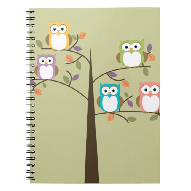 Colourful Owls in Pretty Tree Spiral Notebook (Front)