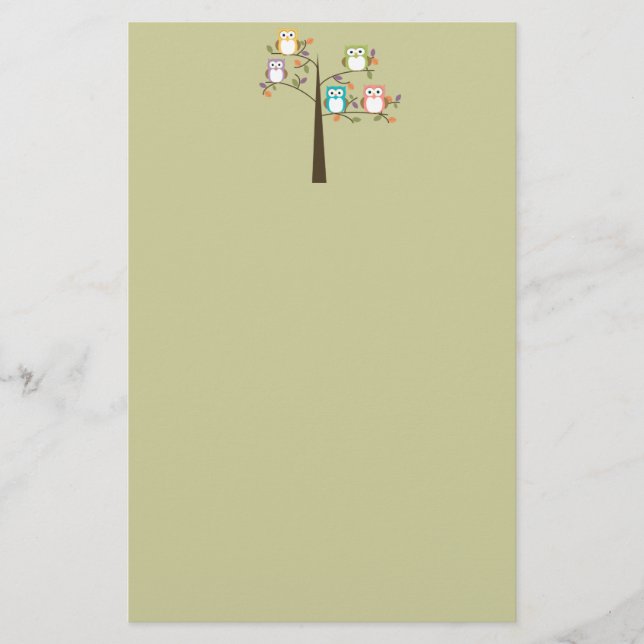 Colourful Owls in Pretty Tree Stationery (Front)