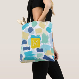 Colourful Paint Brush Strokes and Yellow Monogram Tote Bag