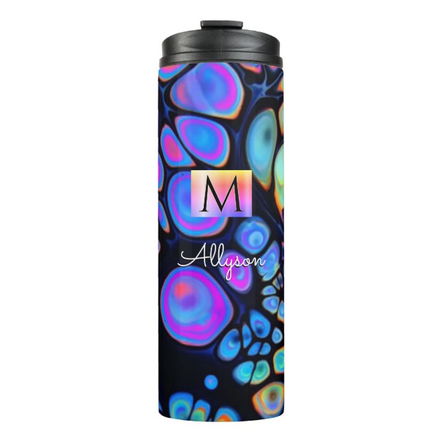 Colourful Paint Cells Abstract, Name & Monogram Thermal Tumbler (Front)