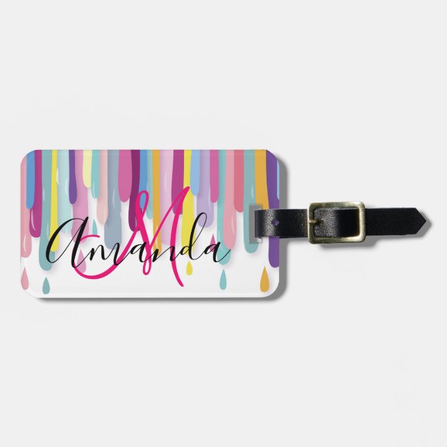 Colourful Paint Dripping Abstract Monogram Luggage Tag (Front Horizontal)