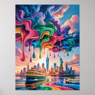 Colourful Paint Dripping Over NYC Harbour Poster