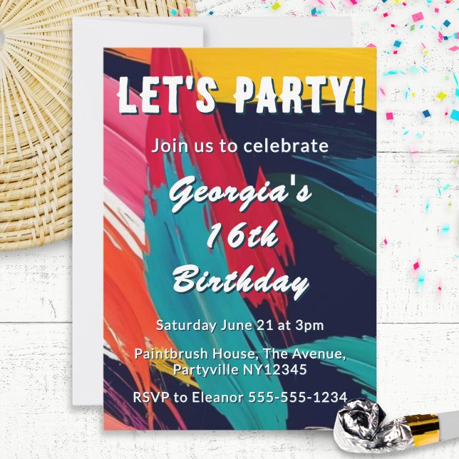 Colourful Paint Effect 16th Birthday Party Invitation (A colorful, bright birthday party invitation, with paint-effect abstract design and custom text)