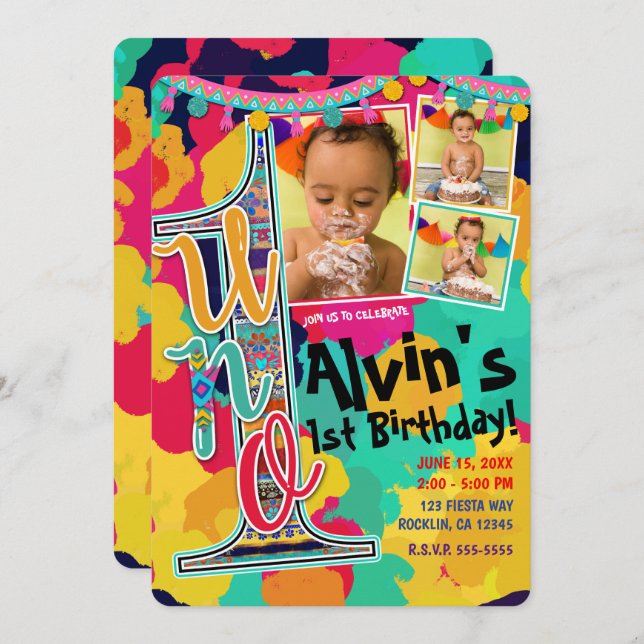 Colourful Paint Fiesta UNO 1st Birthday Party Phot Invitation (Front/Back)