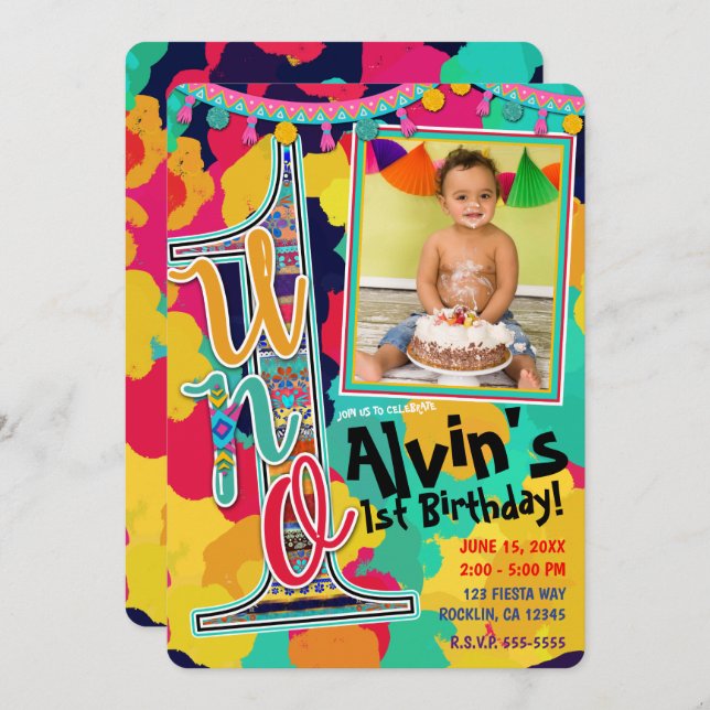 Colourful Paint Fiesta UNO 1st Birthday Party Phot Invitation (Front/Back)