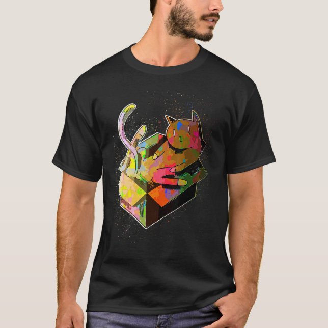 Colourful Paint Splash Cardboard Box Playing Cat T-Shirt (Front)