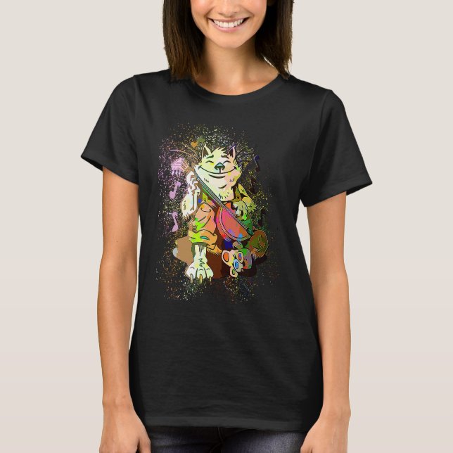 Colourful Paint Splash Cat Banjo Player T-Shirt (Front)