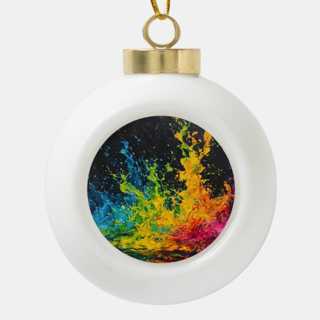 Colourful Paint Splash Ceramic Ball Christmas Ornament (Front)