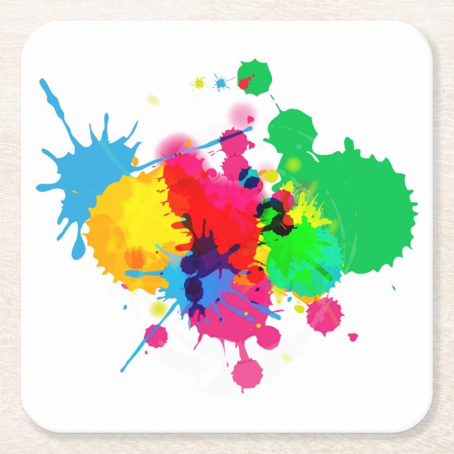 Colourful Paint Splash Square Paper Coaster (Front)