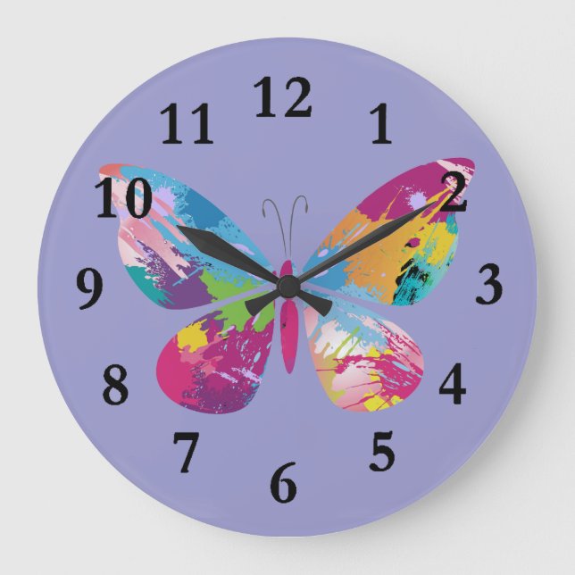 Colourful Paint-Splashed Butterfly Design Clock (Front)