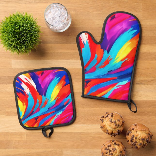 Colourful Paint Strokes Art Oven Mitt & Pot Holder Set (Top Down)