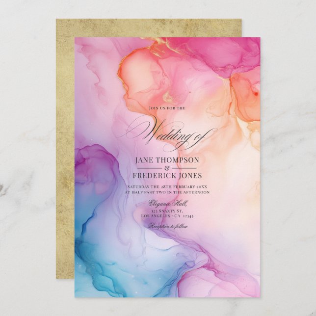 Colourful Paint Swirls with Gold Accents Wedding Invitation (Front/Back)