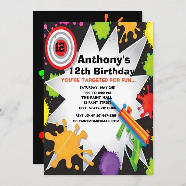 Colourful Paintball Birthday Party Invitation (Front/Back)