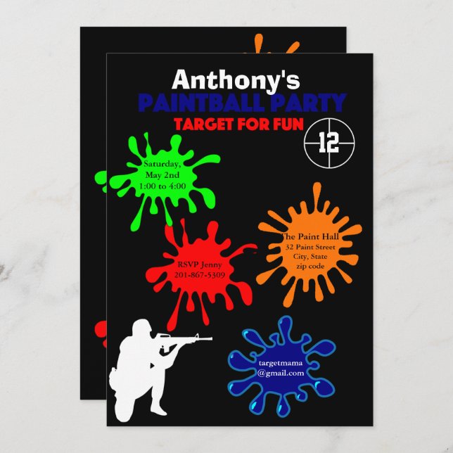 Colourful Paintball Birthday Party Invitation (Front/Back)