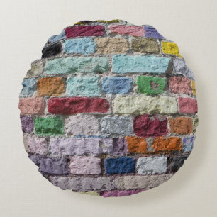 Colourful Painted Brick Wall Texture Round Cushion