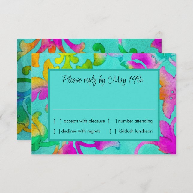 Colourful Painted Damask Aqua RSVP Invitation (Front/Back)
