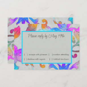Colourful Painted Damask Pink Turquoise RSVP Invitation