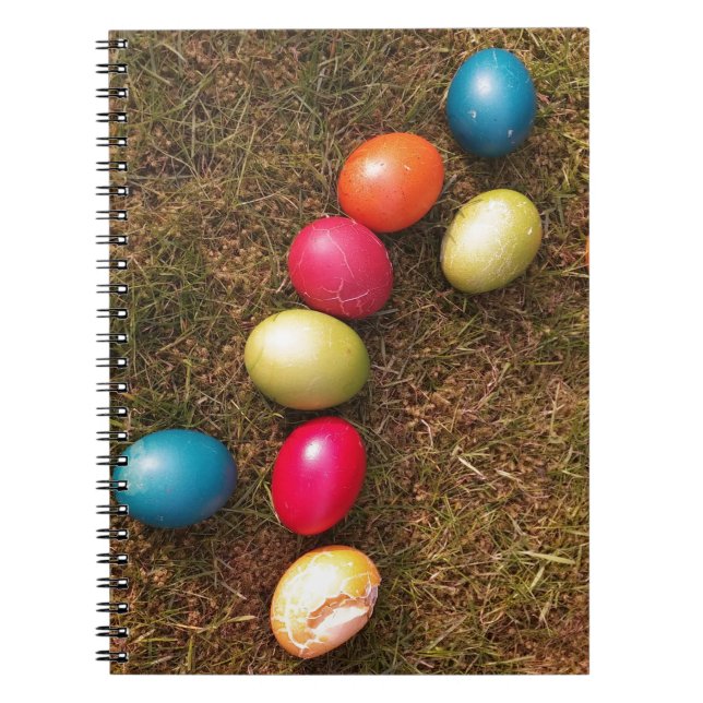 Colourful Painted Eggs in Garden, Easter Egg Spiral Notebook (Front)