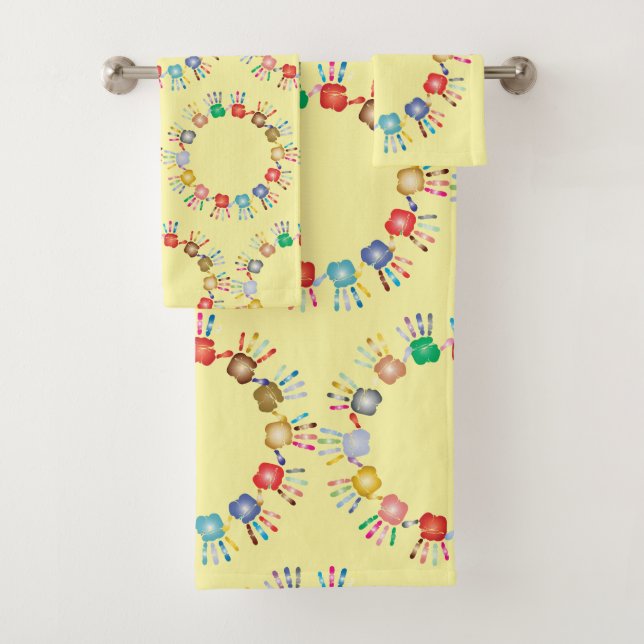Colourful Painted Hands *Colour Customisable* Bath Towel Set (Insitu)