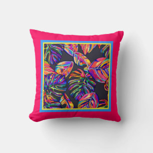 Colourful painted leaves on black w/ pink border cushion