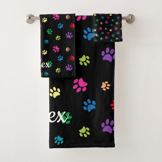Colourful Painted Paw Prints on Black Bath Towel Set (Insitu)