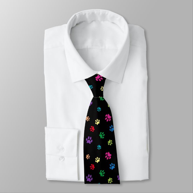 Colourful Painted Paw Prints on Black Tie (Tied)