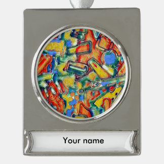 Colourful painted shapes silver plated banner ornament