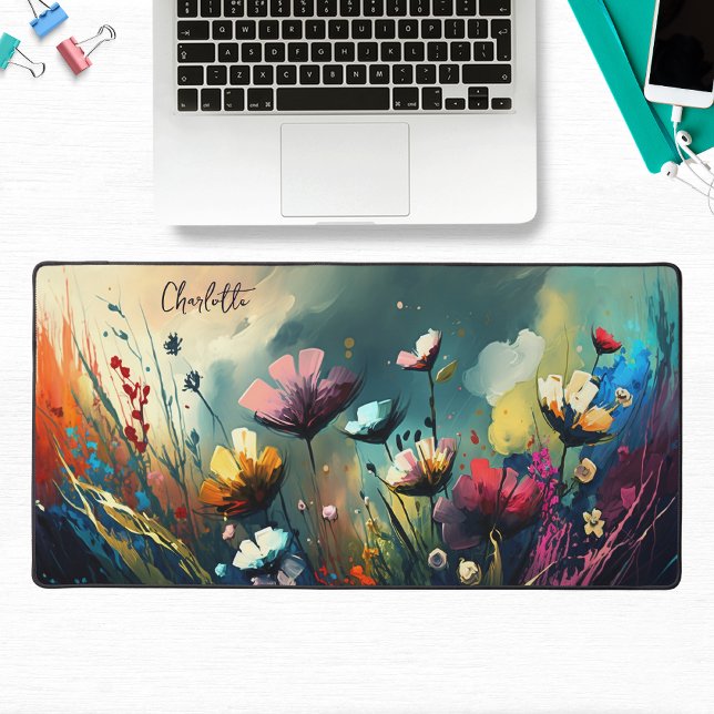 Colourful Painted Wildflowers Personalised Name Desk Mat (Creator Uploaded)