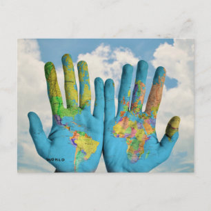 Colourful Painted World Map in Hands, Art Photo Postcard