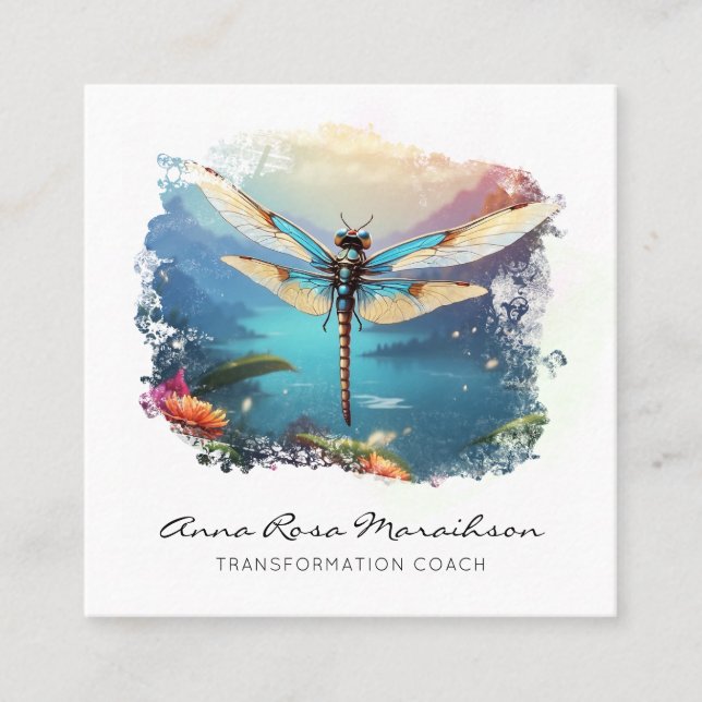 *~* Colourful painting  Lotus Abstract Dragonfly   Square Business Card (Front)