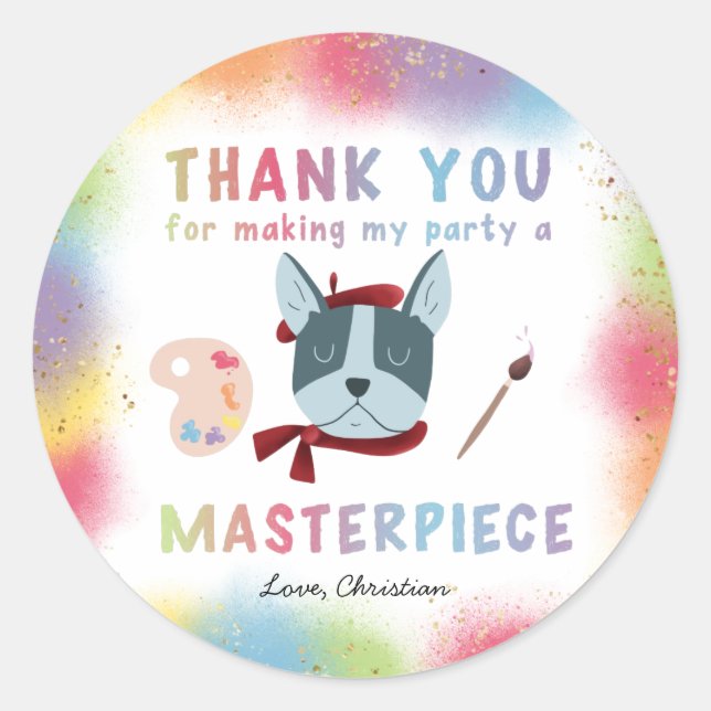 Colourful Painting Party Puppy Dog Birthday Favour Classic Round Sticker (Front)