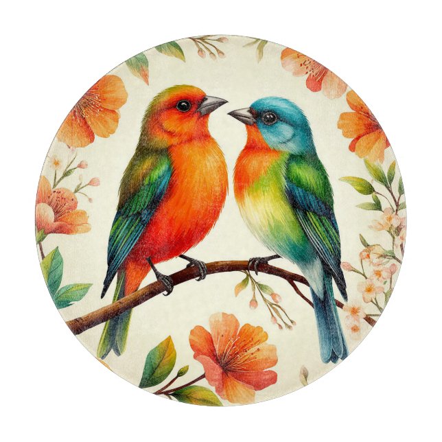Colourful Pair of Birds Sitting Amid Vibrant Bloss Cutting Board (Front)