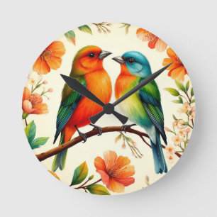 Colourful Pair of Birds Sitting Amid Vibrant Bloss Round Clock