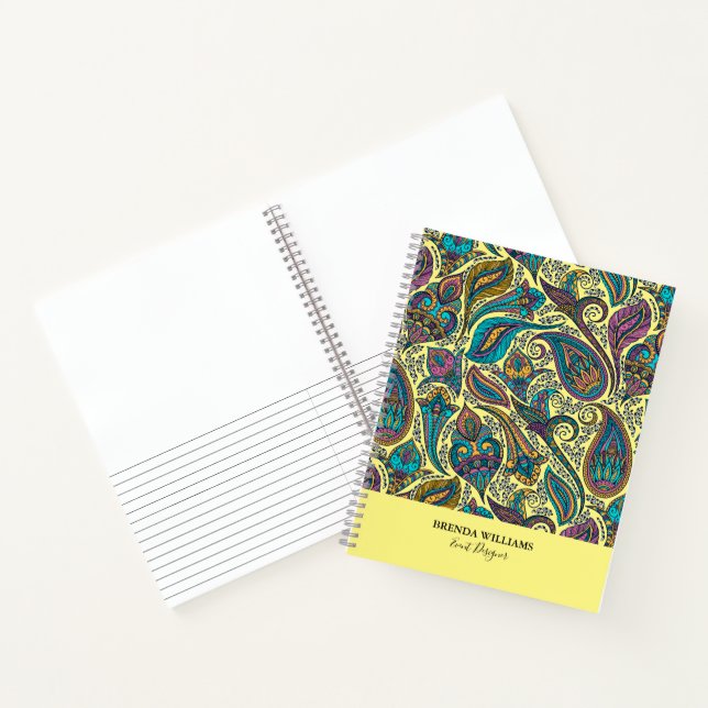 Colourful paisley ethnic pattern on yellow notebook (Inside)