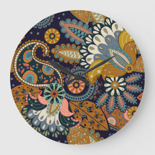 Colourful Paisley: Floral Indian Wallpaper. Large Clock