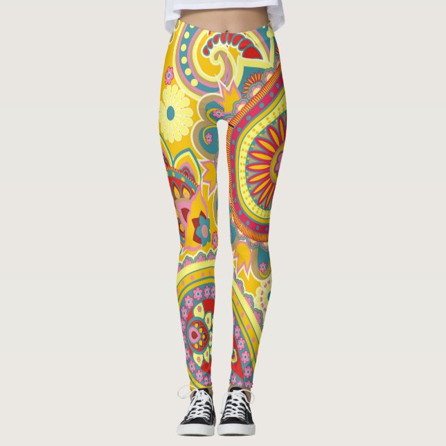 Colourful Paisley Floral Stylish Modern Pattern Leggings (Front)