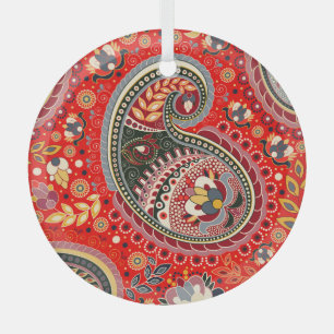 Colourful Paisley Indian Seamless Pattern Glass Tree Decoration