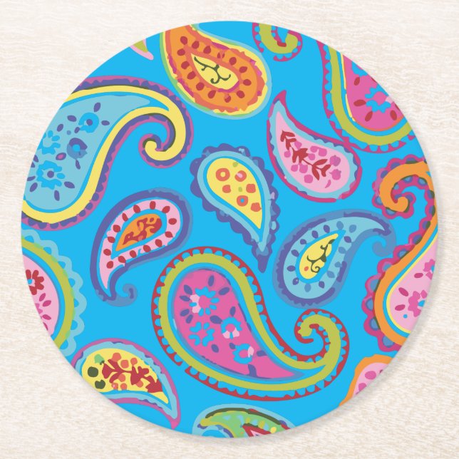 Colourful Paisley Kids Birthday Party Round Paper Coaster (Front)