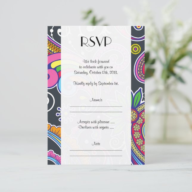 Colourful Paisley, Paisley Pattern, Wedding RSVP Card (Standing Front)